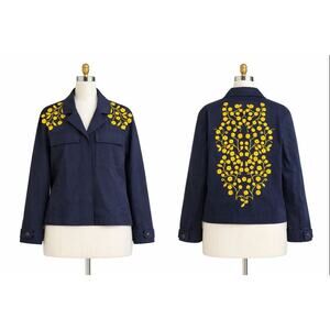 Boden Ruby Embroidered Utility Jacket Navy Yellow Floral 10 Petite